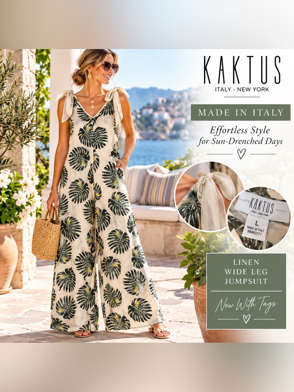 NWT Kaktus Made in Italy Linen Tropical Palm Wide Leg Jumpsuit L Cruise Coastal